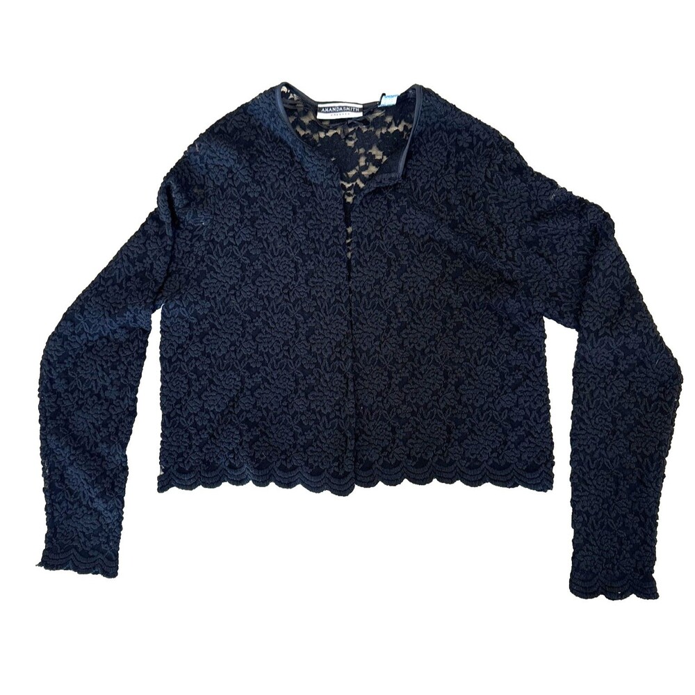 Amanda Smith Black Floral Lace Cropped Jacket Size 10 Elegant  Sheer Shrug Light